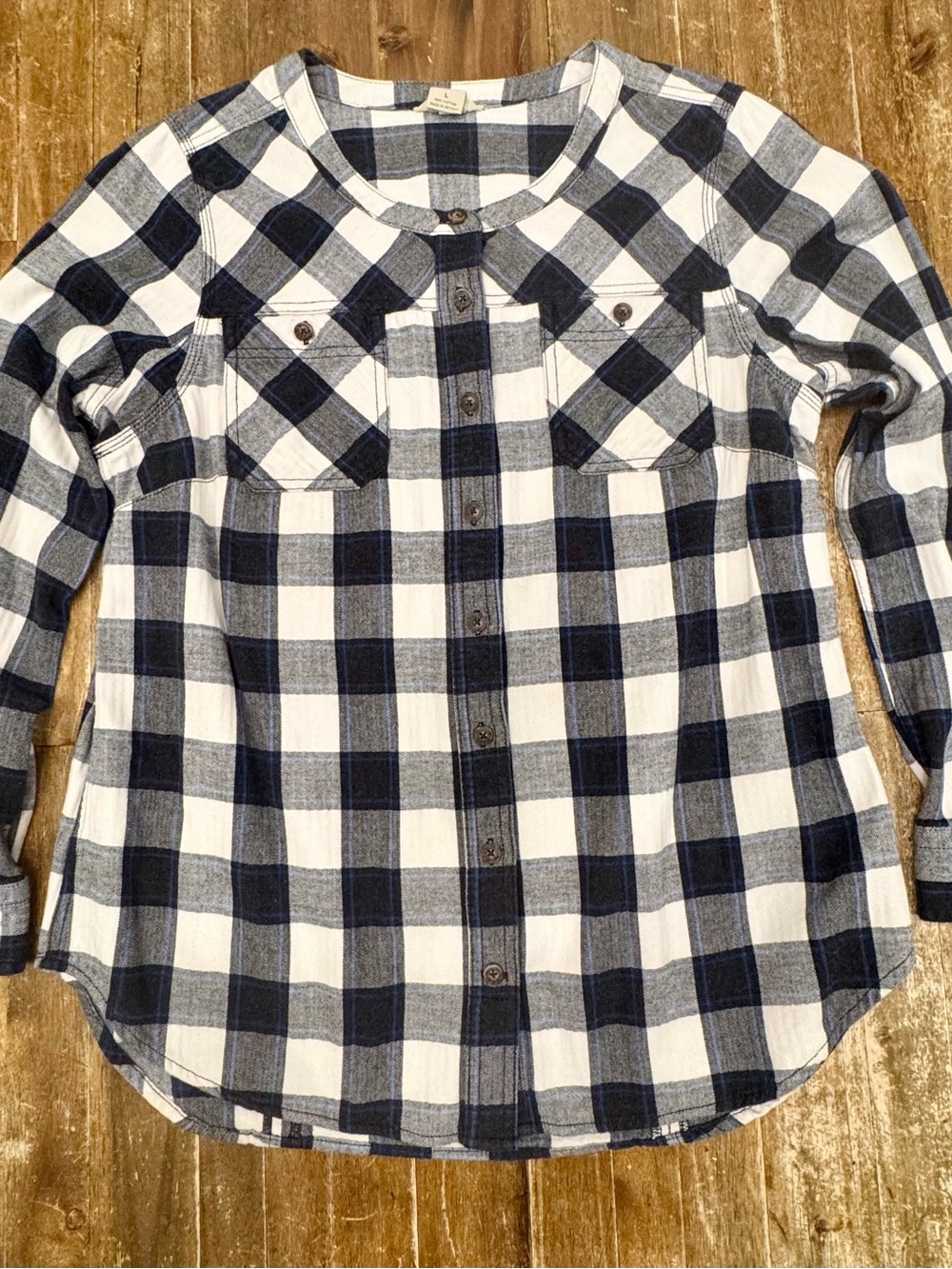 Duluth Trading Co Brand Blue &Cream Plaid Button-Down Shirt Adjustable Sleeves